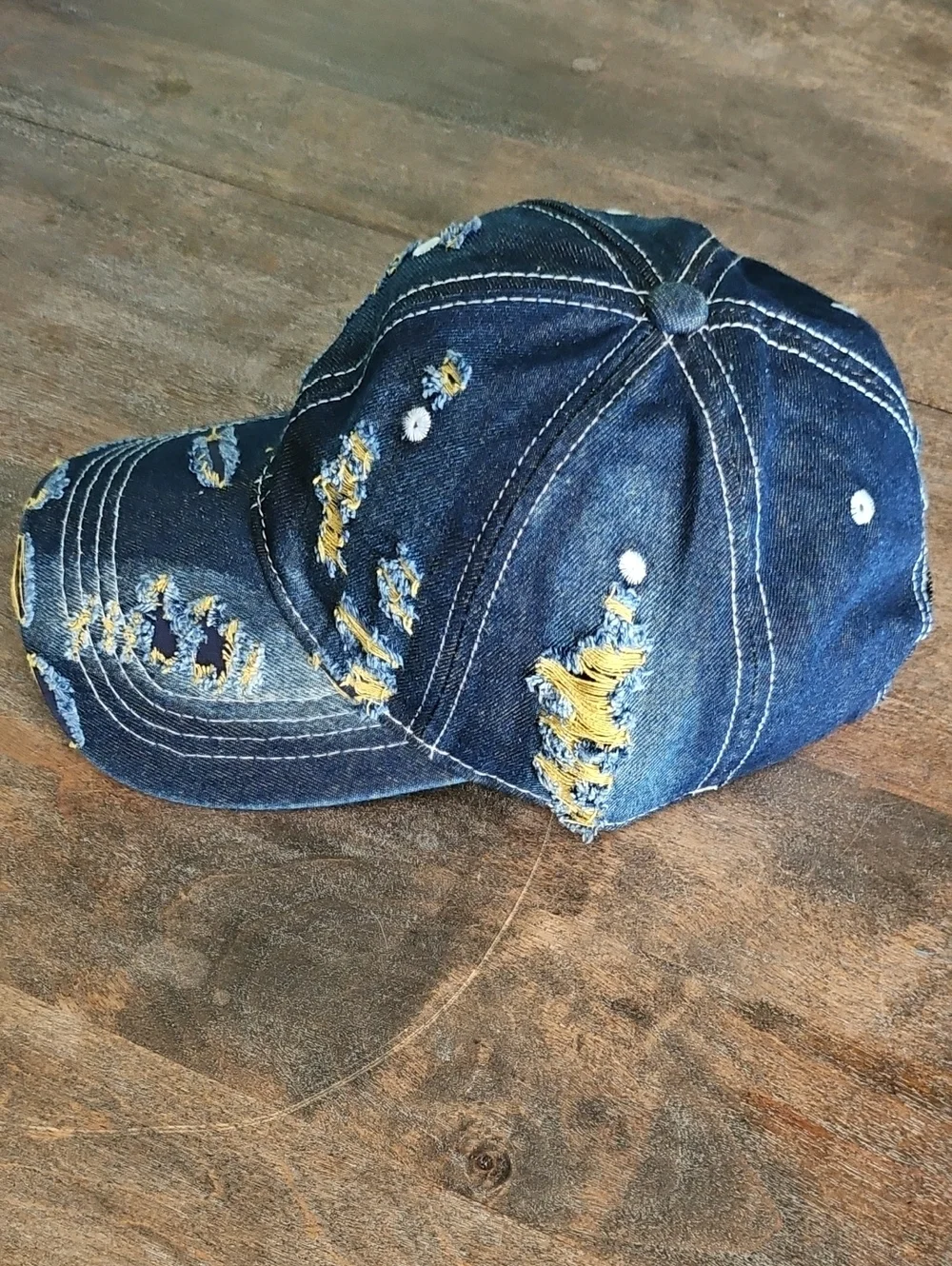 NWT Denim Distressed Baseball Cap With Yellow Accents